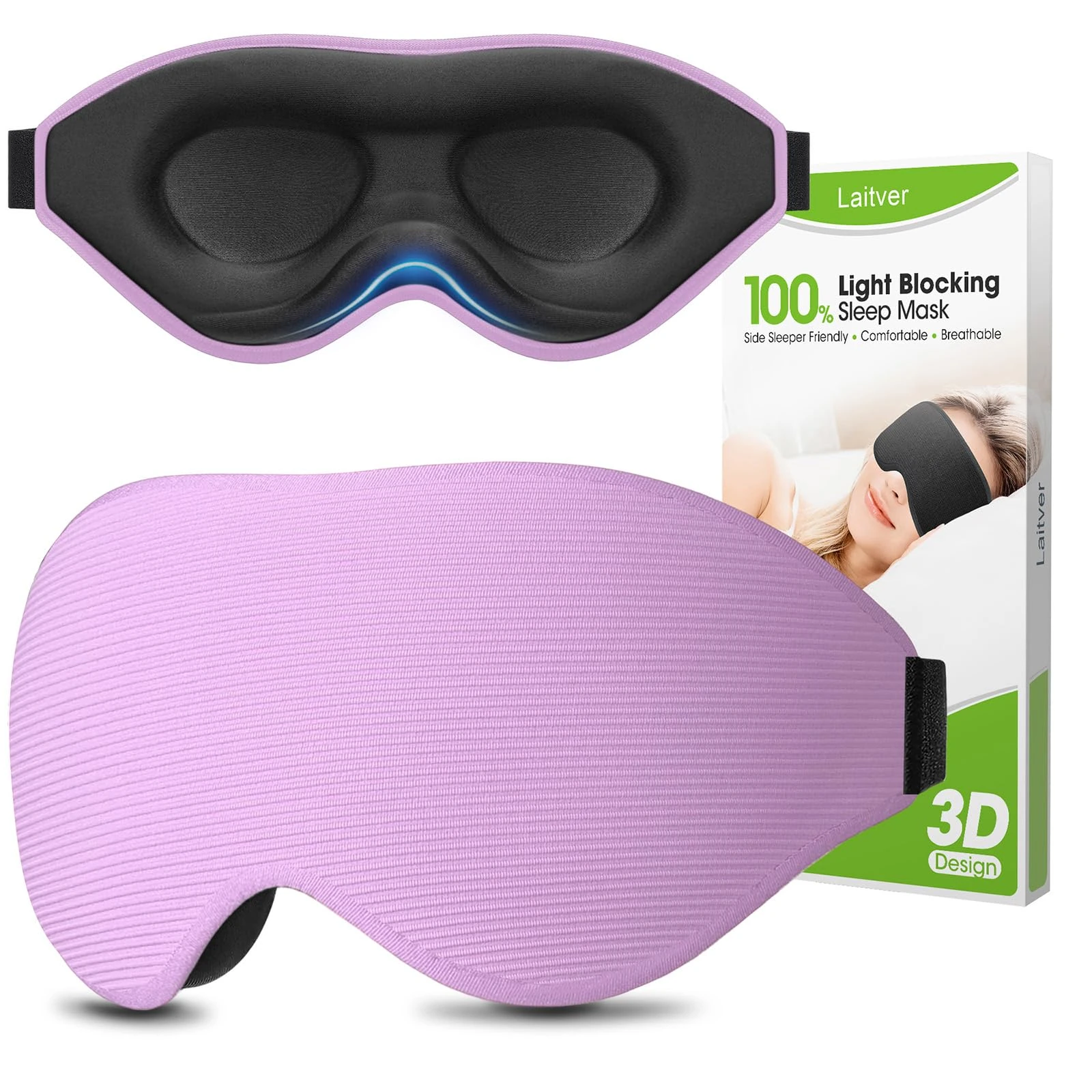 Laitver 100% Blackout Sleep Mask for Women Men- Perfect Eye Sleeping Mask for Side Sleeper, Zero Eye Pressure, 3D Cutout Ultra Soft & Comfortable Blindfold for Travel/Nap- Purple