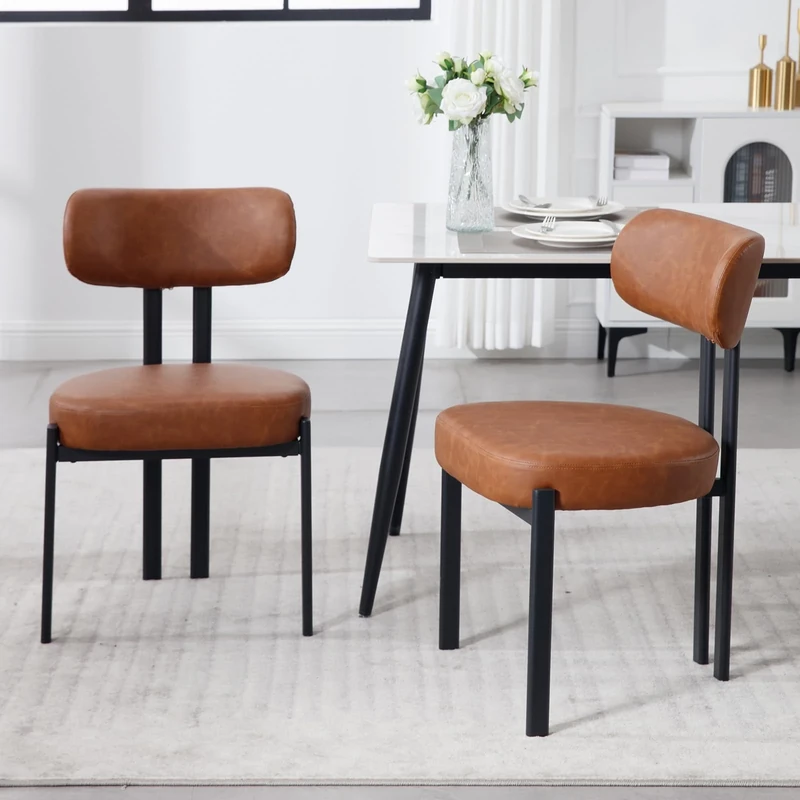 Ya-Home Modern Set of 2 Dining Chairs with Metal Legs, PU Leather Kitchen Accent Chairs for Dining Room, Brown