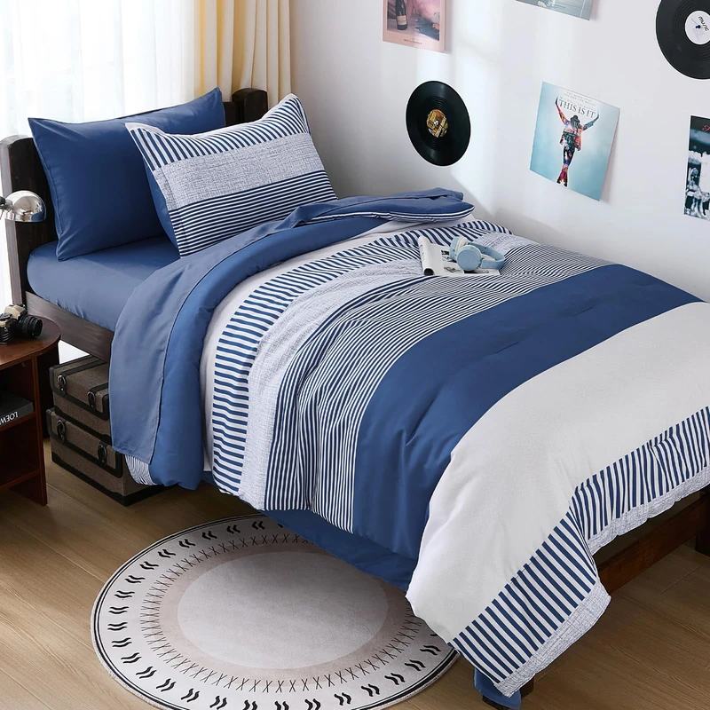 Cottolester Twin Size Comforter Navy Blue Striped Comforters for Boys&Girls,7 Pieces Bed in A Bag Simple Neutral-Style Bedding Sets for Kids Teen