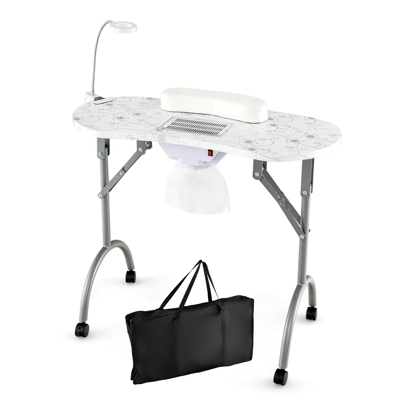 RELAX4LIFE Portable Manicure Nail Table, Mobile Folding Nail Technician Desk Workstation with Dust Collector, LED Lamp, Removable Wrist Cushion, Carry Bag, Professional Beauty Art Desk (White)