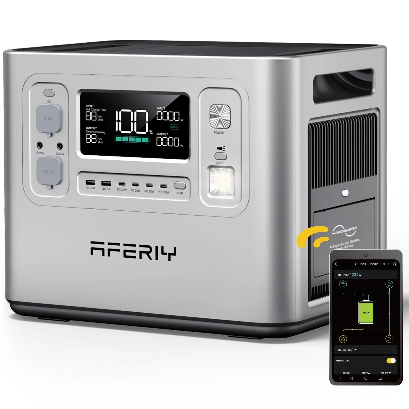 AFERIY 2400W Portable Power Station, 2048Wh Solar Generator Control Via App, LiFePO4 Battery Quick Charge in 1.5H, 240V AC Outlets, 13 Outputs for Home Emergency/Camping/RV