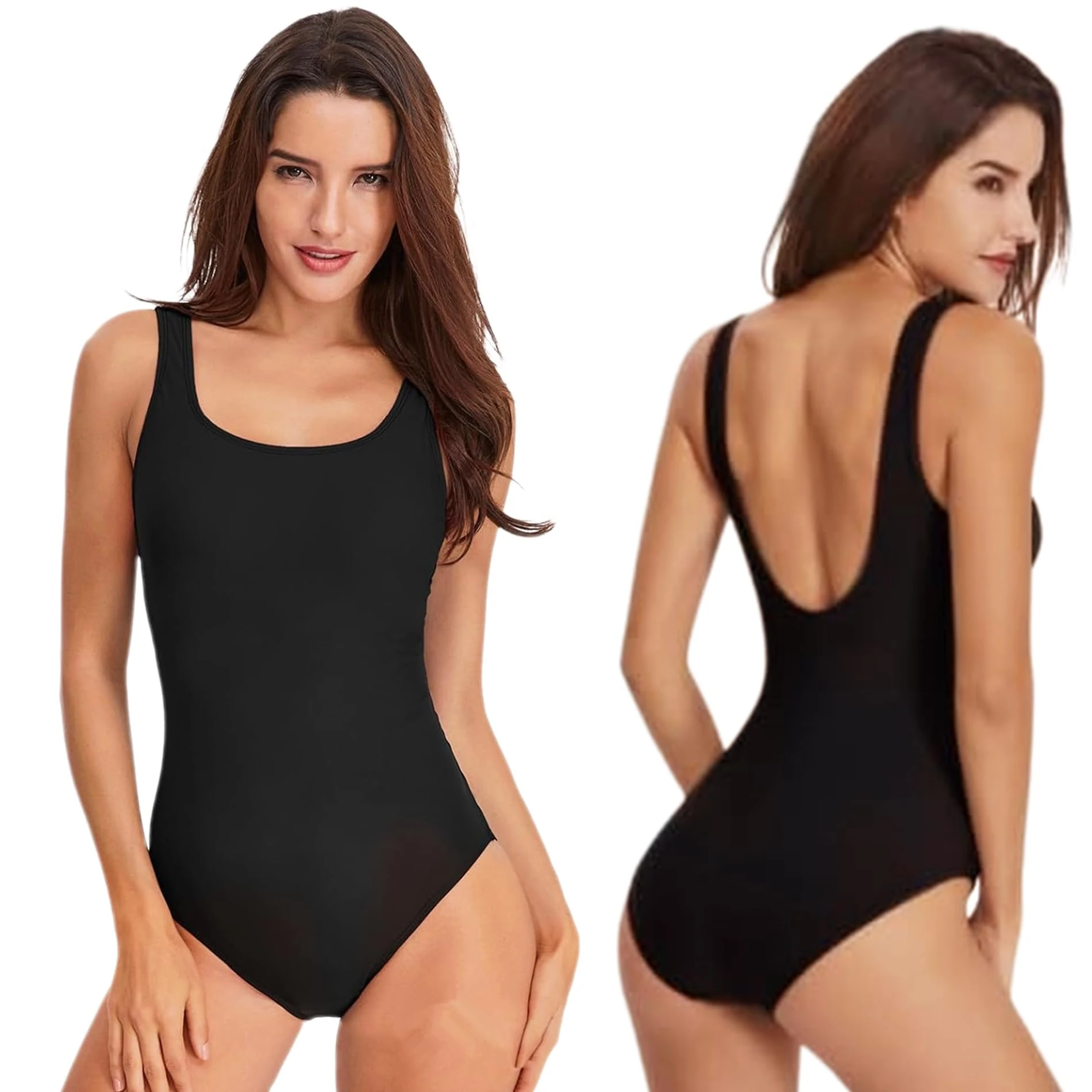 Women One Piece Swimsuit Swimming Costume Tummy Control Ladies Round Neck Swimwear Monokini with Removable Pads Sexy High Cut Low Back Bathing Suits (UK, Alpha, M, Regular, Regular, Black)