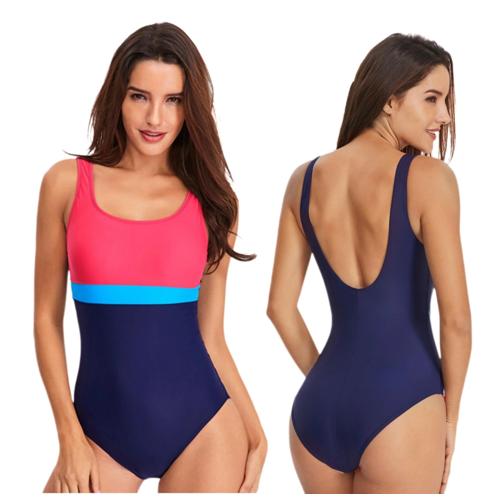 Women One Piece Swimsuit Swimming Costume Tummy Control Ladies Round Neck Swimwear Monokini with Removable Pads Sexy High Cut Low Back Bathing Suits (UK, Alpha, M, Regular, Regular, Pink+Navy)