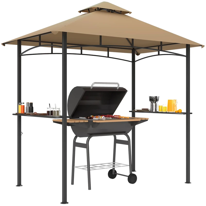 Outsunny 2.5x1.5m (8'x5') Grill Gazebo Canopy, Double Tiered Outdoor BBQ Gazebo Shelter with 2 Side Shelves for Garden, Patio, Barbecue, Picnic, Khaki