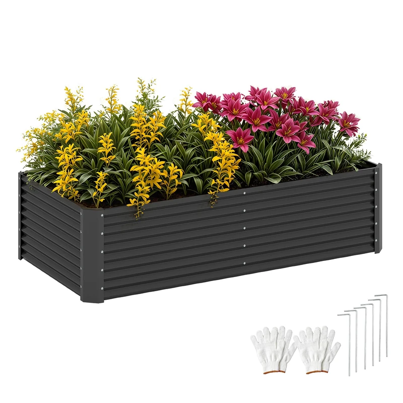 DWVO Raised Garden Bed 180x90x60cm, Metal Raised Beds with Gloves, Robust Structure Galvanised Raised Garden Planter with Safety Rubber for Vegetables Flowers Fruits, Black