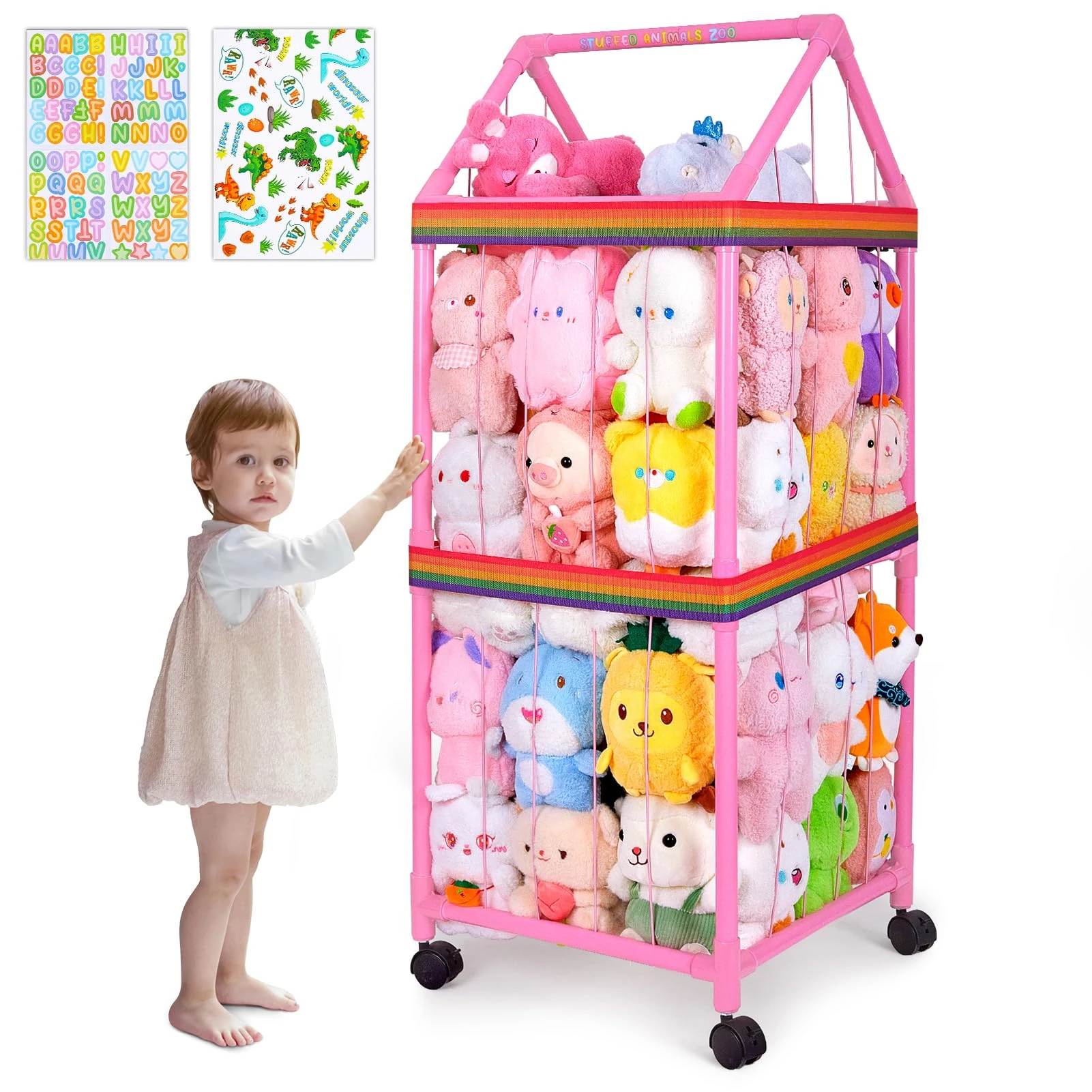 MHJY Stuffed Animals Zoo Storage with Wheels, Soft Toy Storage Cage PVC Cuddly Toy Holder Large Plushies Organiser Shelf with Elastic Band for Kids Room Furniture Bedroom Nursery Decor