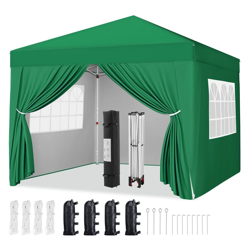 Yaheetech Pop-Up Gazebo 3x3 with 4 Removable Side Panels, Silver-costed Oxford Marquee Canopy with Wheeled Bag & Sandbags, Metal Frame Shelter Tent for Outdoor Garden Party Camping, Dark Green