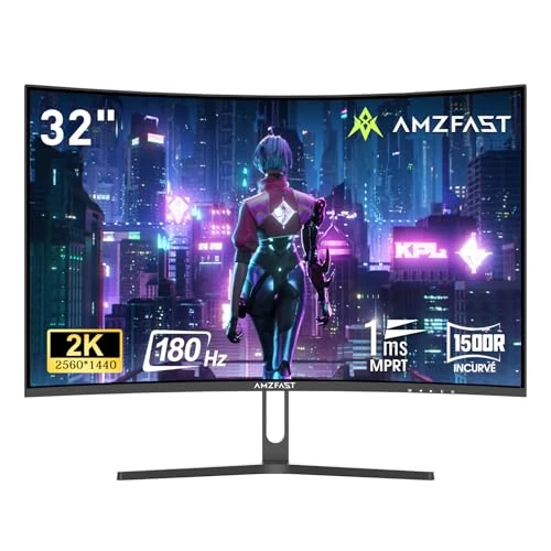 Amzfast AMZG32C3Q Curved Gaming Monitor 32 Inches - QHD 2560x1440, 180Hz, 1ms MPRT, Adaptive Sync, VA 1500R Panel, sRGB 120% / DCI-P3 90%, HDMI 2.0 + DP 1.2, VESA 75x75, Metal Support, AMZG32C3Q