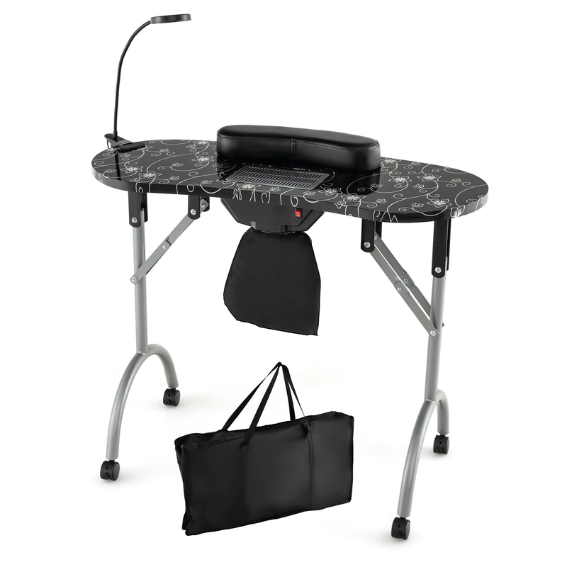 RELAX4LIFE Portable Manicure Nail Table, Mobile Folding Nail Technician Desk Workstation with Dust Collector, LED Lamp, Removable Wrist Cushion, Carry Bag, Professional Beauty Art Desk (Black)