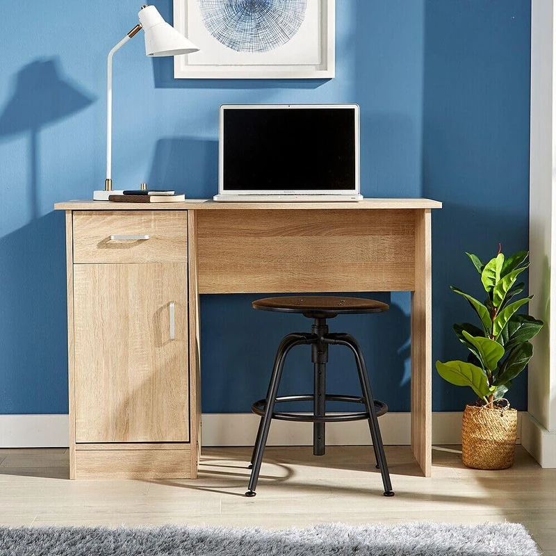 Home Source Office Desk, 1 Drawer & 1 Door Compact Computer Workstation, Oak Effect