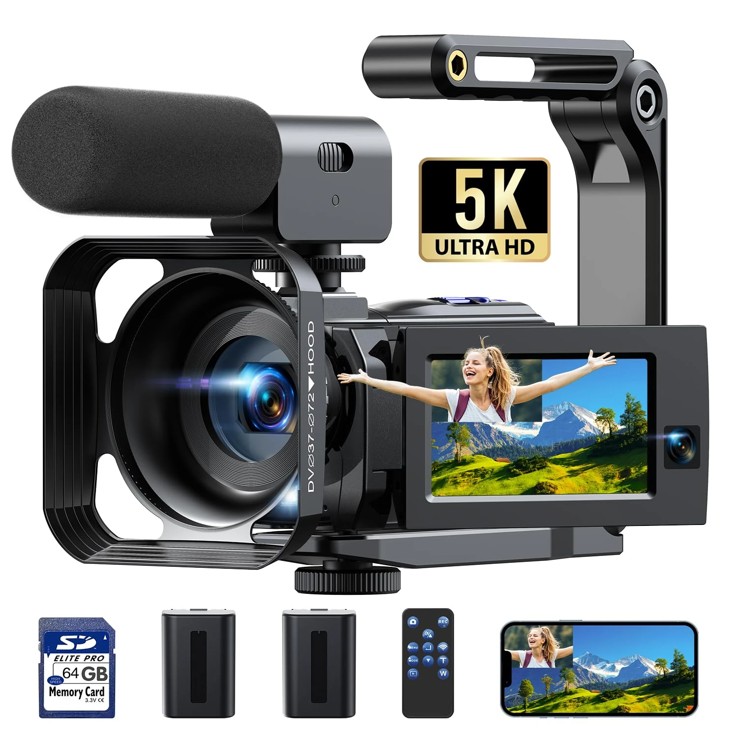 5K Camcorder Video Camera, 56MP Dual Lens Wifi IR Night Vision YouTube Vlogging Camera,16X Digital Zoom Touch Screen Cam corder, Camcorder 5K with 64GB SD Card, 2 Batteries, Tripod, Remote Control