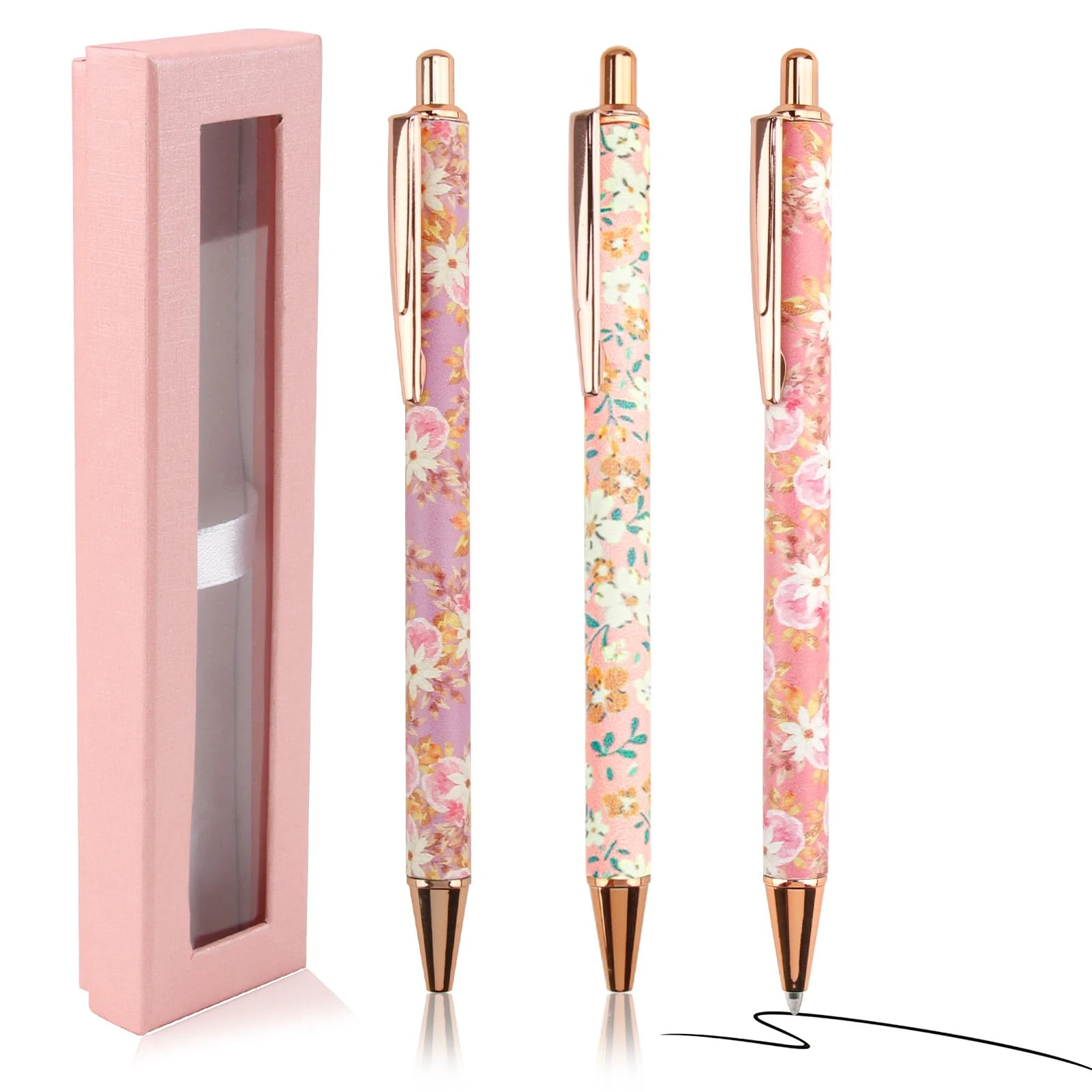 Floral Art Ballpoint Pens, 3 Pcs Fancy Metal Flower Ballpoints Pens with Box, Smooth Writing Retractable Ballpoint Pen Pretty Pens for Ladies Girls Teacher Student Birthday Office School Gifts