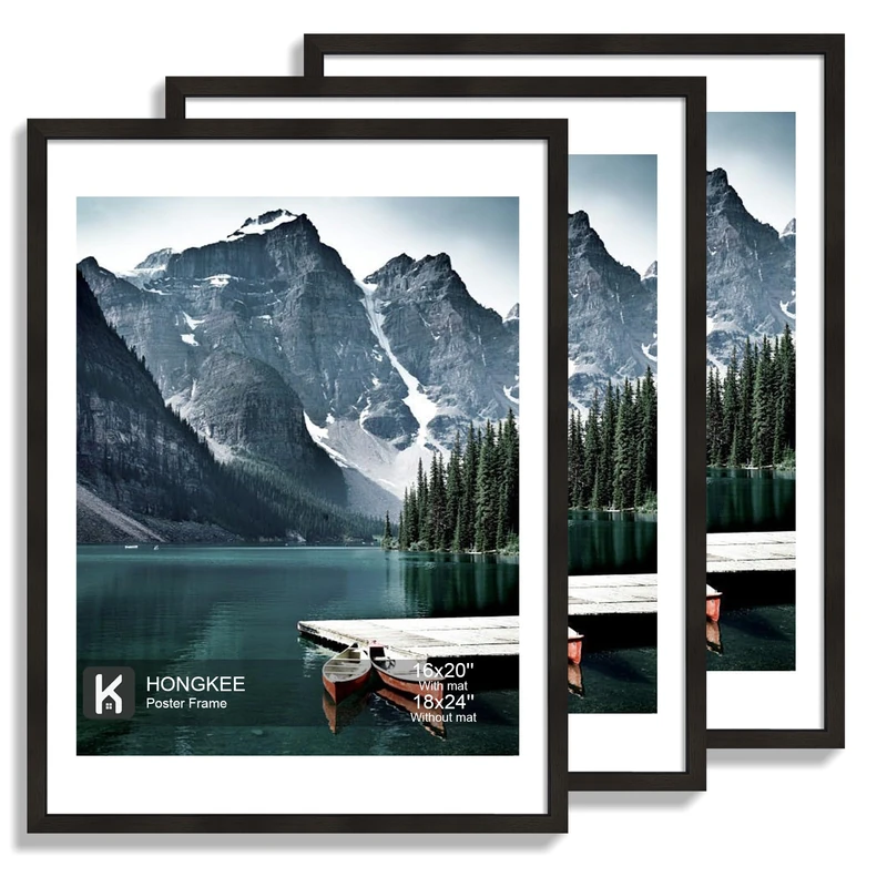Hongkee 18x24 Frame Set of 3 - Display 16x20 Photo with Mat or 18 x 24 Poster without Mat, Wall Mounting Horizontal and Vertical, Black