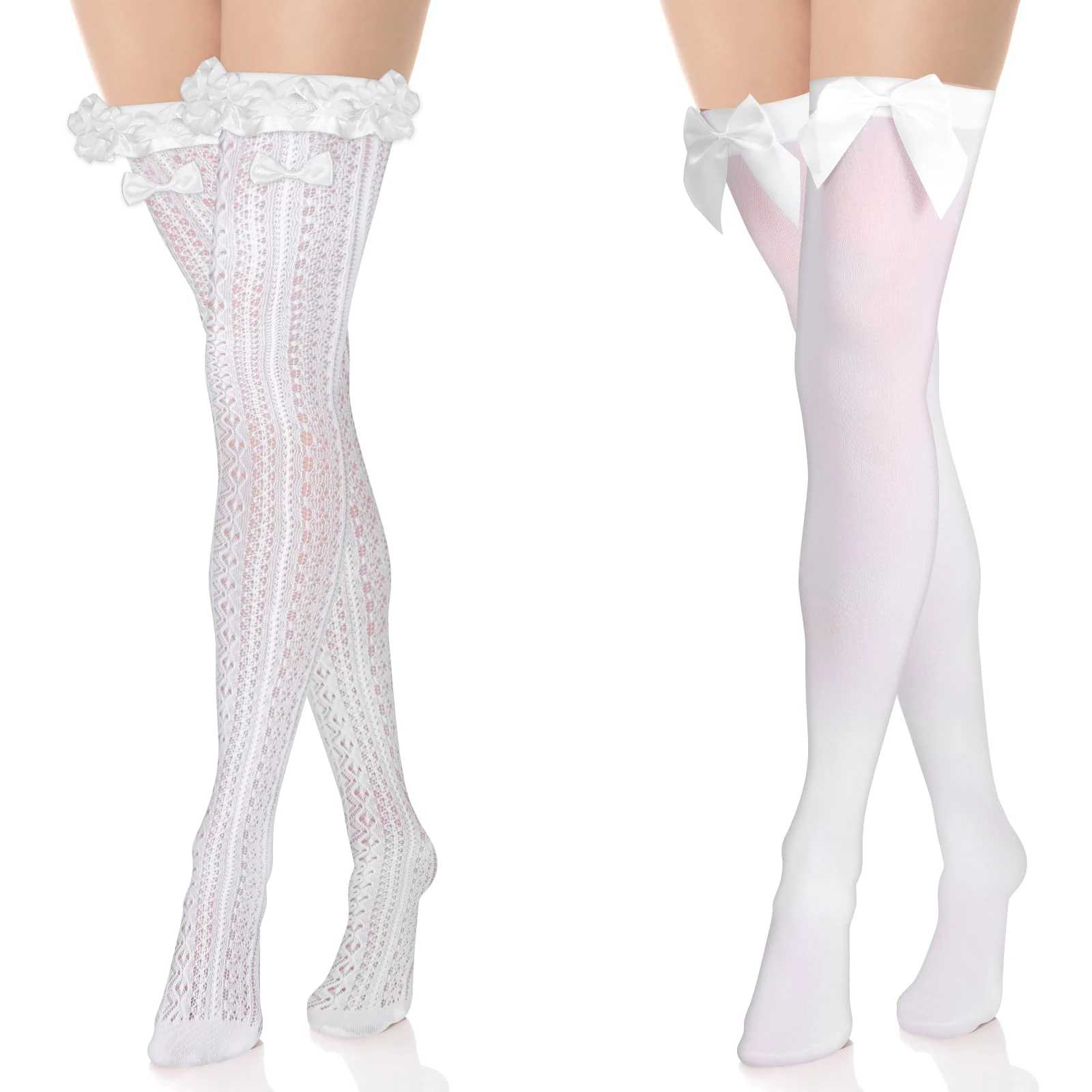 Abeillo 2 Pairs White Lace Thigh High Stockings Satin Bow Stockings Women Tight Hosiery Over Knee Long Stocking