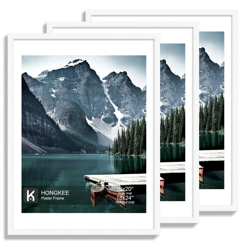 Hongkee 18x24 Frame Set of 3 - Display 16x20 Photo with Mat or 18 x 24 Poster without Mat, Wall Mounting Horizontal and Vertical, White