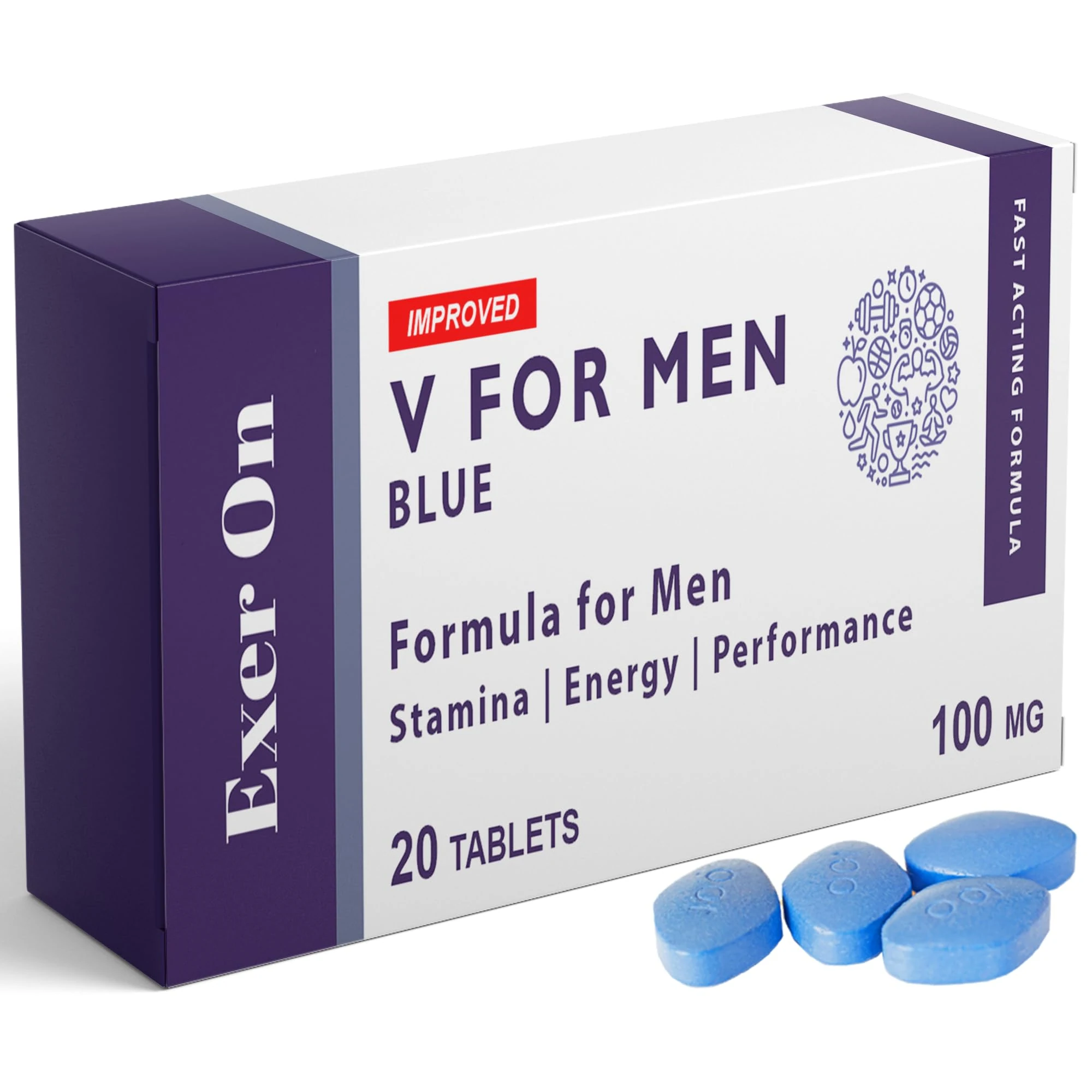 Exer On - Blue 20 Tablets for Men - 100mg Improved Vitality Formula - Strong Effect - Mens Health Support Tablets - Performance & Enhancement - Ginseng, L-Arginine, Ashwagandha, Maca Root