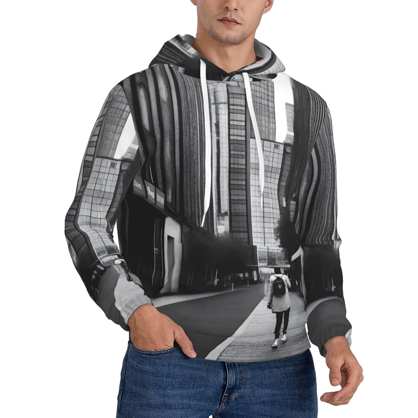 JaoXer Men's Fleece Hooded Hoodie - Soft Warm Sweatshirt with a Urban Vibes Full Print, Trendy Streetwear for Spring, Fall, Black, XX-L