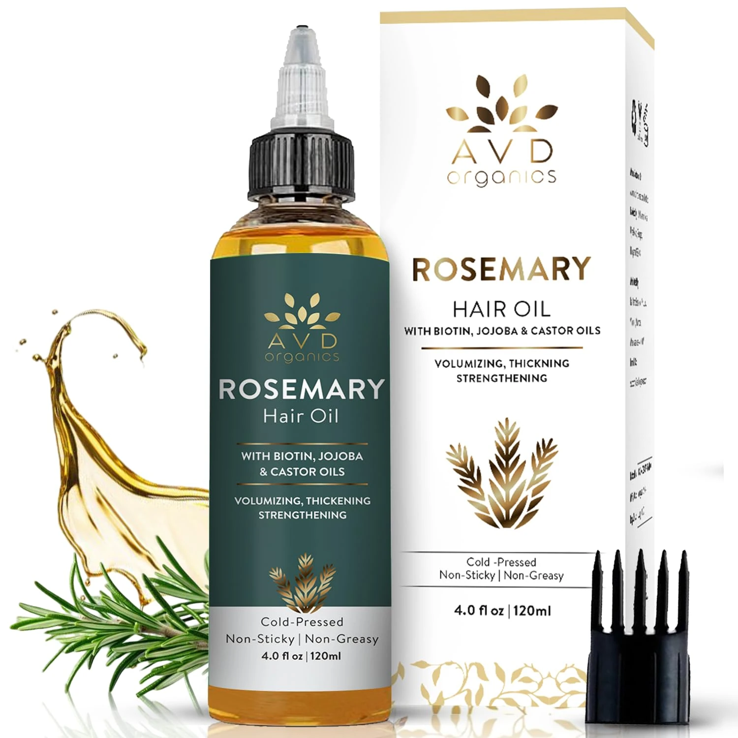 AVD Organics Rosemary Oil for Hair Growth – Infused with Biotin, Jojoba & Castor Oil – Pre-Diluted Scalp Oil, Stimulates Growth, Strengthens Dry and Damaged Strands, Nourishes Split Ends, 120ml