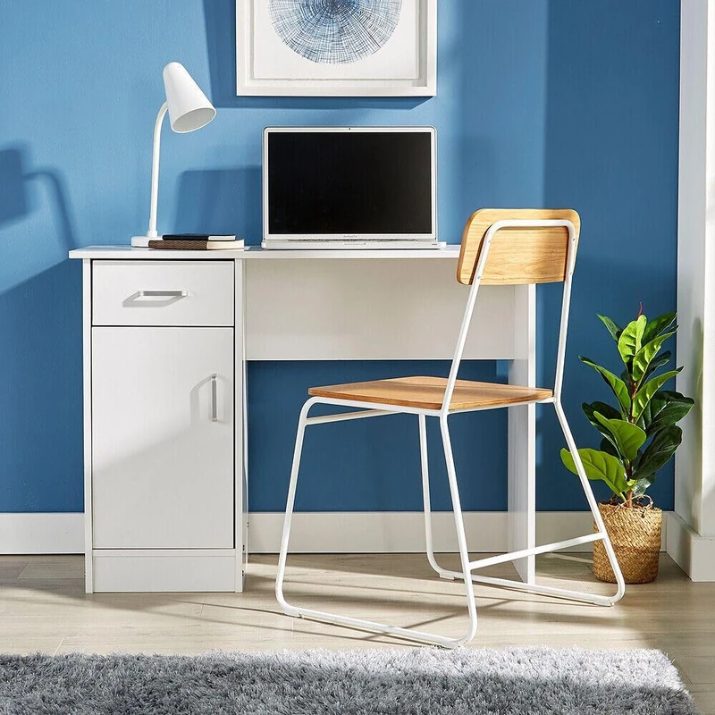 Home Source Office Desk, 1 Drawer & 1 Door Compact Computer Workstation, White