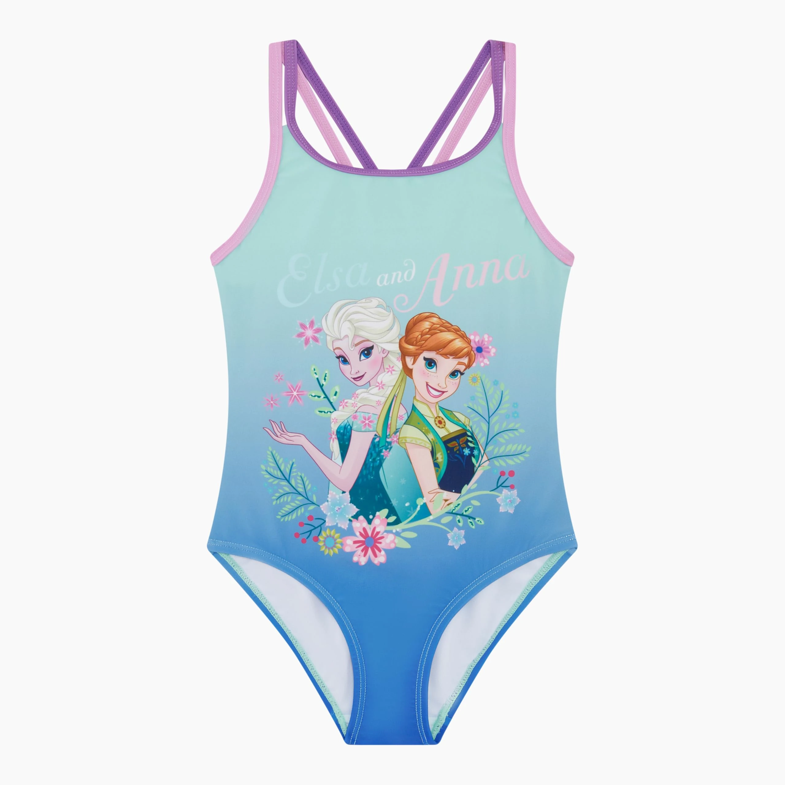 Disney Frozen Official Girl's Swimwear, One Piece Swimming Costume Featuring Anna and Elsa, Aqua, Age 4-5 Years