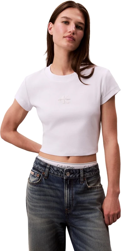 Calvin Klein Women's MONOLOGO Baby Rib TEE LV047AB802YAA006 Tees, White, L