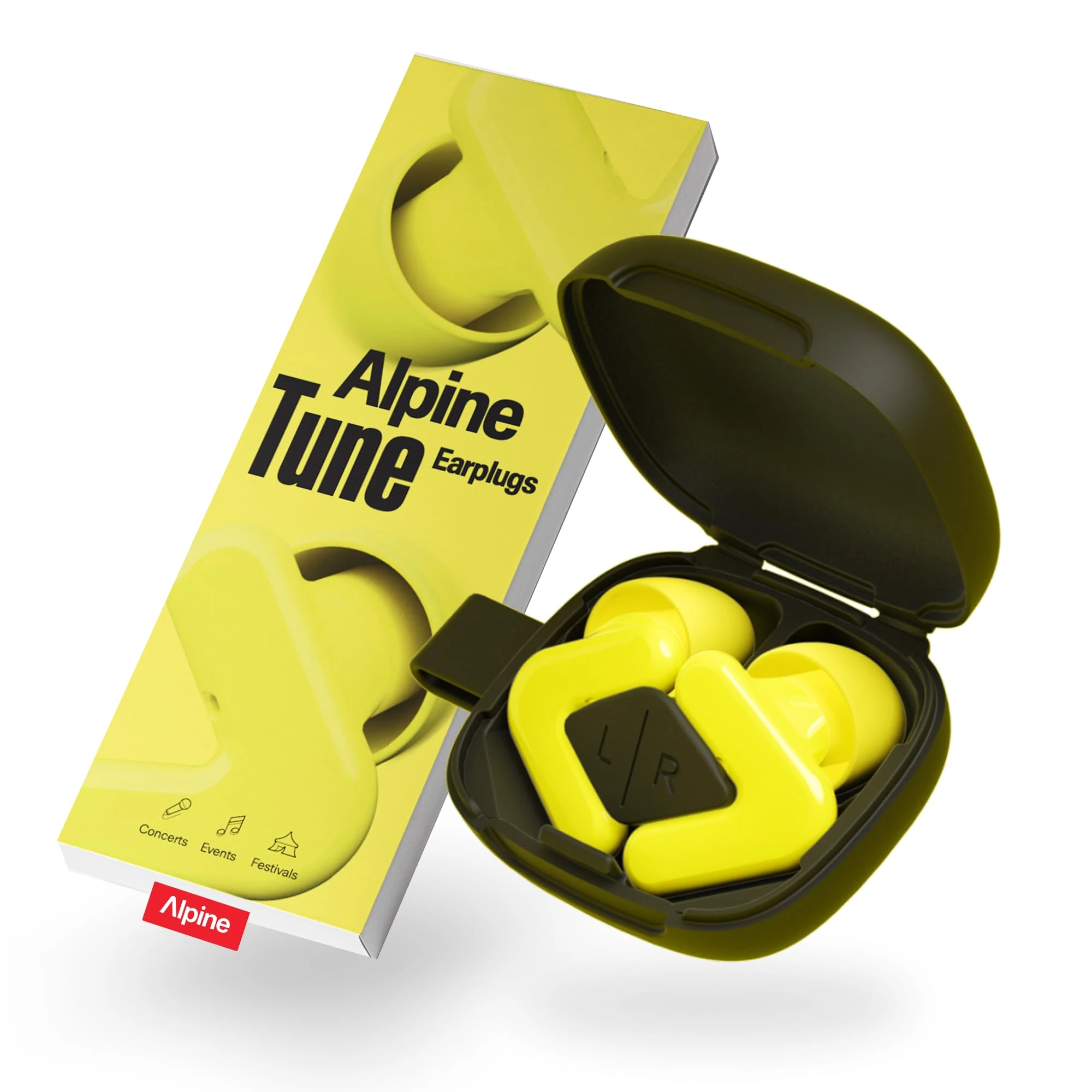 Alpine Tune Earplugs, Concert Ear Plugs with Noise Reduction, High-Fidelity Music Quality, 19dB Hearing Protection with Crystal Clear Sound, 4 Sizes Included, For Gigs, Raves, Festivals & Club, Yellow