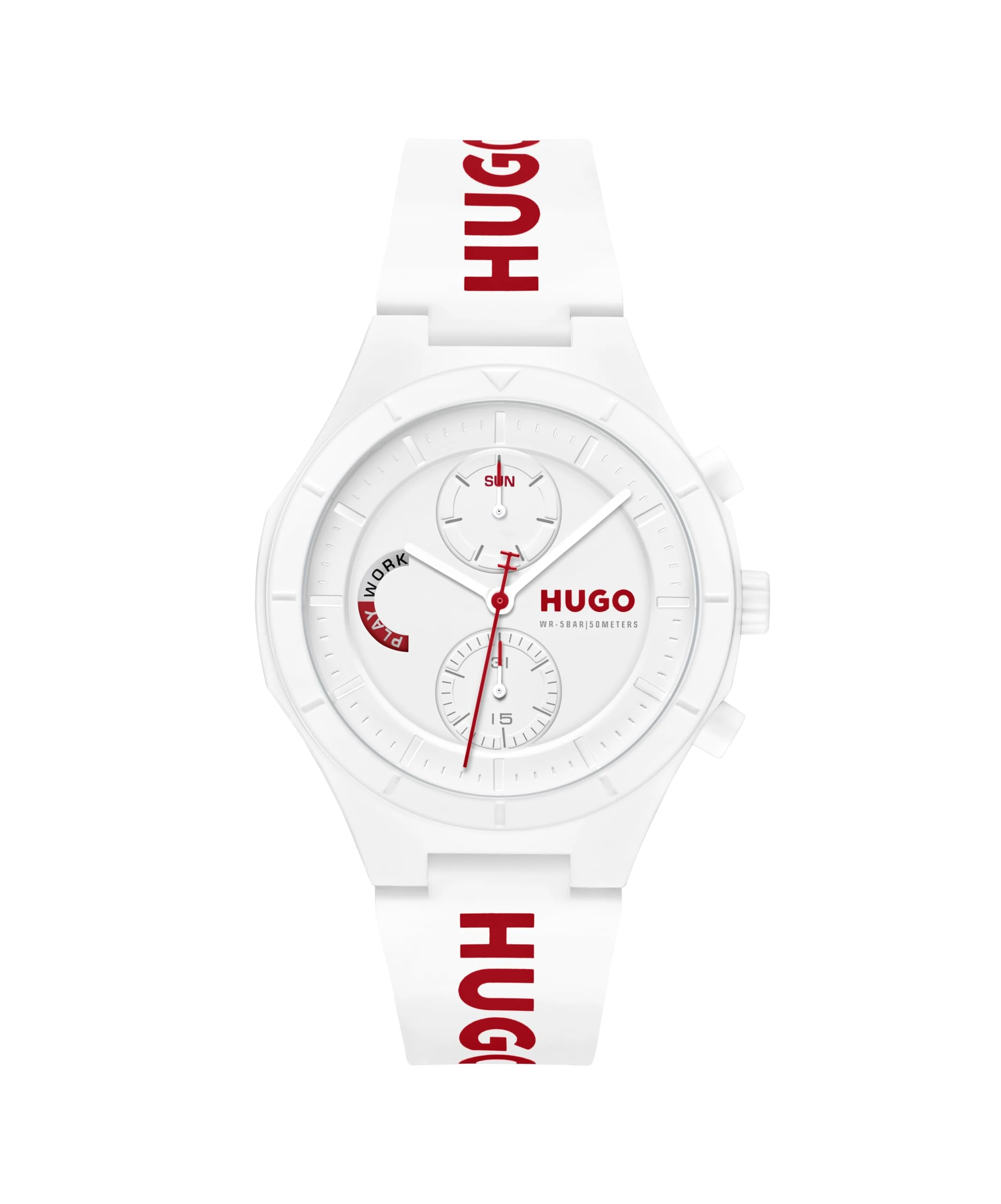HUGO Analogue Multifunction Quartz Watch for Men #LIT Multi Collection with White with Red Details Silicone Bracelet - 1530406
