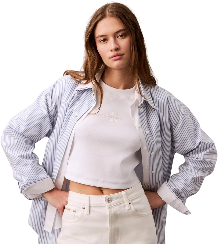 Calvin Klein Women's MONOLOGO Baby Rib TEE LV047AB802YAA003 Tees, White, XS