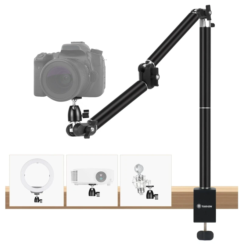 TARION Overhead Desk Camera Mount - Heavy Duty Desktop DSLR Stand with Articulating Arm Ballhead with C Clamp Flexible Camera Arm with 1/4'' Screw for Photograhpy TKA01-L (Upgraded Version)