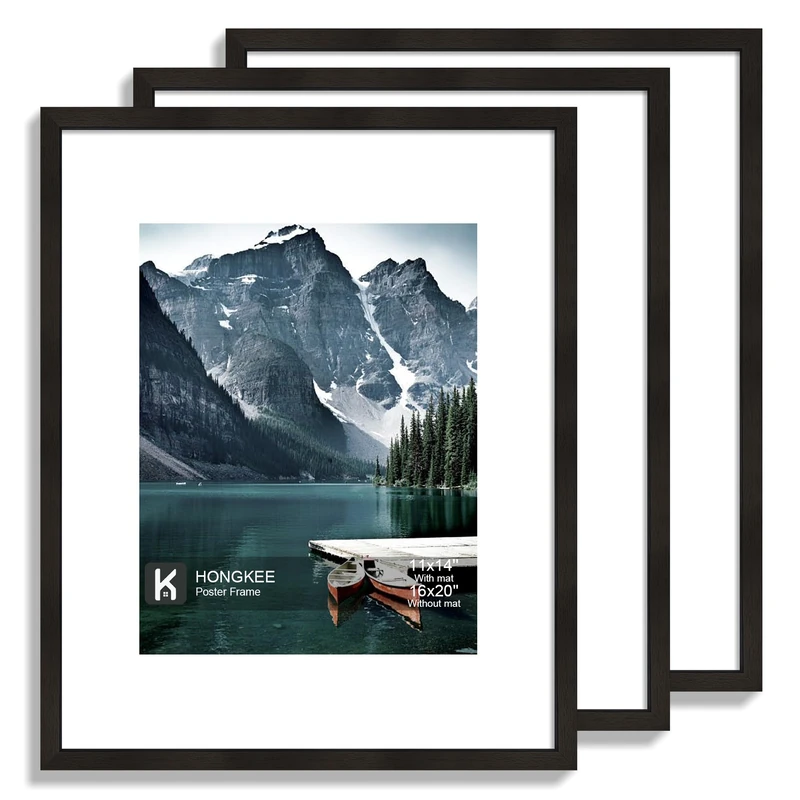 Hongkee 16x20 Frames Set of 3 - Display 11x14 Photo with Mat or 16 x 20 Poster without Mat, Wall Mounting Horizontal and Vertical, Black