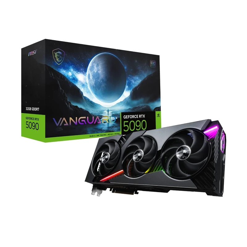 MSI GeForce RTX 5090 32G VANGUARD SOC Graphics Card - RTX 5090 GPU, 32GB GDDR7 (28Gbps/512-bit), PCIe 5.0 - HYPER FROZR (3 x STORMFORCE Fan) - Gaming & Silent Mode, RGB - HDMI 2.1b, DisplayPort 2.1b