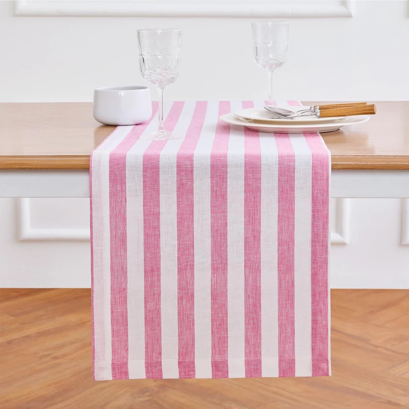 Solino Home Linen Table Runner 144 Inches Long - Sorrento Stripe, 100% Pure Linen Chateau Rose and White Farmhouse Table Runner 14 x 144 Inch for Dining, Summer