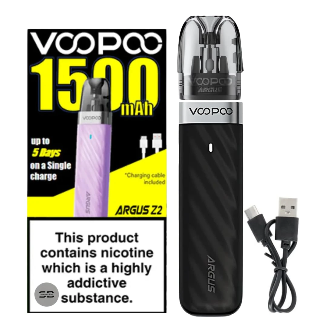 Voopoo Argus Z2 Pod Vape Kit [Silk Black] - Available in 8 colours - 1500mAh Battery, Type-C Fast Charging, 20W Output, 7-Layer Safety Shield, Anti-Leak - Works with all Argus Pods - No Nicotine