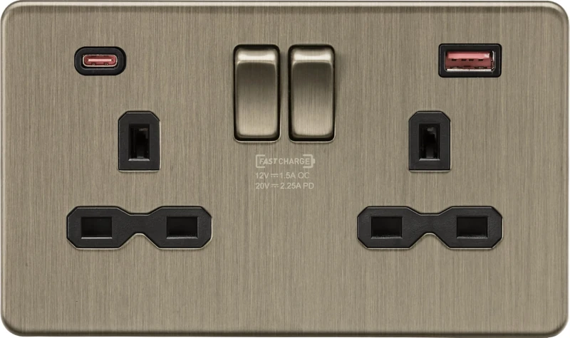 Knightsbridge 13A 2G DP Switched Socket with Dual USB A+C 20V DC 2.25A (Max. 45W) - Antique Brass