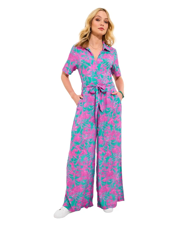 Joe Browns Women's Fashion Collared Zip Up Tie Waist Crinkle Jumpsuit, Purple, UK 8