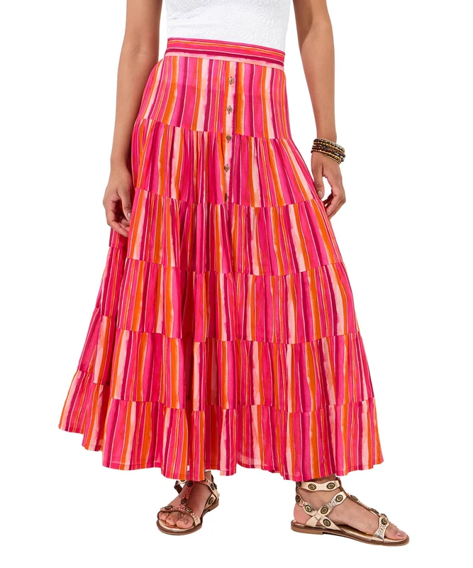 Joe Browns Women's Fashion Striped Flowy Tiered Maxi Skirt, Regular Fit, Pink, UK 18