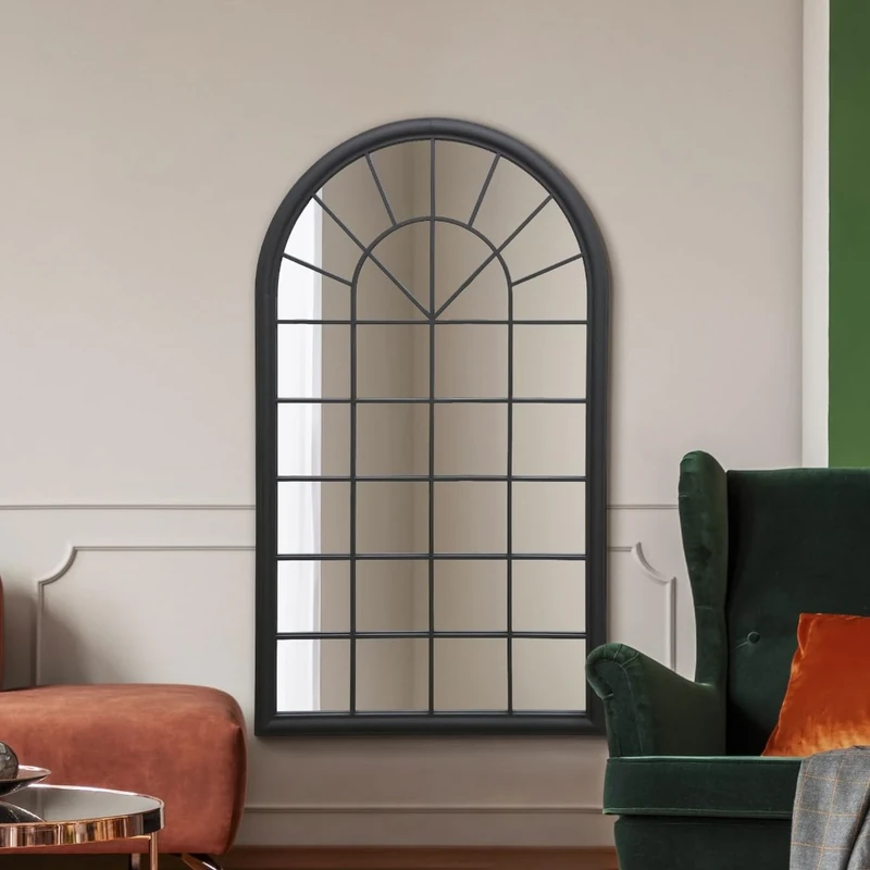 MirrorOutlet The Somerley - Extra Large Rustic Black Metal Framed Country Full Length Arched Leaner Wall Mirror 63" X 36" (160CM X 91CM) Glass Mirror with Black All weather Backing.