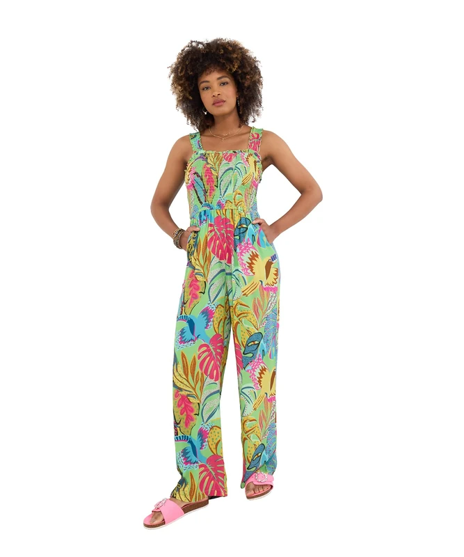 Joe Browns Women's Tropical Print Shirred Bodice Jumpsuit, Green, 8