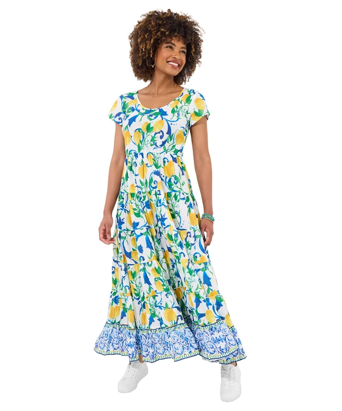 Joe Browns Women's Petite Fashion Lemon Print Scoop Neck Crinkle Cotton Dress, Regular Fit, White, UK 6 Petite - Image 1