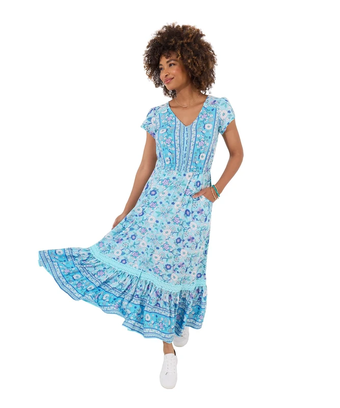Joe Browns Women's Petite Fashion Button Detail Border Print Maxi Dress, Regular Fit, Blue, UK 12 Petite