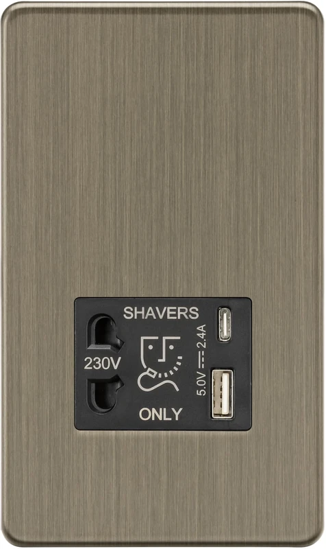 Knightsbridge Shaver socket with dual USB A+C (5V DC 2.4A shared) - Antique Brass