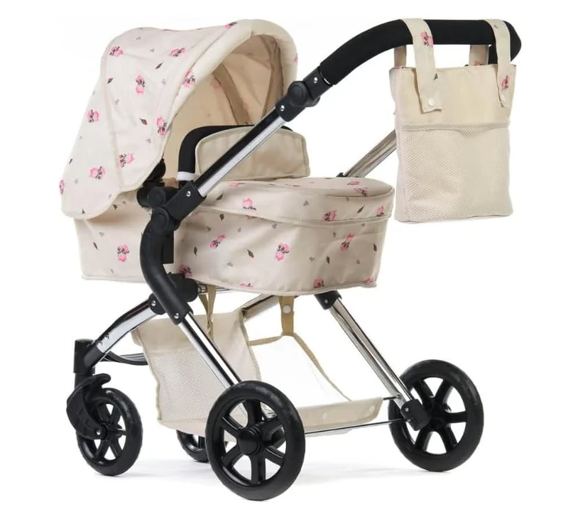 Roma Darcie Dolls Pram -Cream 2in1 with Carrycot and Doll Pushchair Seat Unit, Adjustable Handle Height, Includes Changing Bag, Shopping Basket, Foldable, Pretty Flower Design, Suitable from 3-9 Years