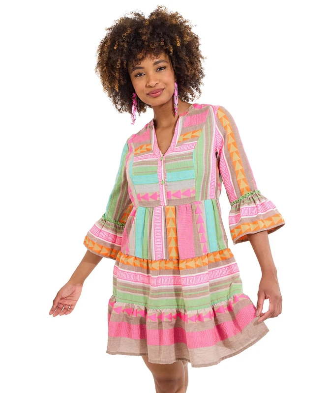 Joe Browns Women's Fashion Boho Jacquard Flared Sleeve Tunic Mini Dress, Regular Fit, Pink, UK 12