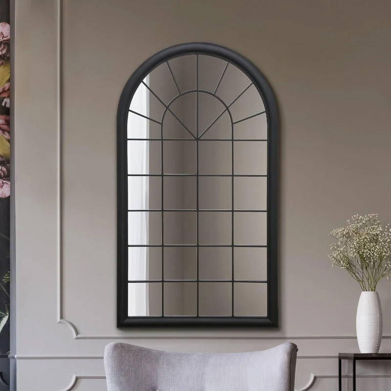 MirrorOutlet The Somerley - Black Rustic Metal Framed Country Full Length Arched Leaner Wall Mirror 51" X 30" (129CM X 75CM) Glass Mirror with Black All weather Backing.