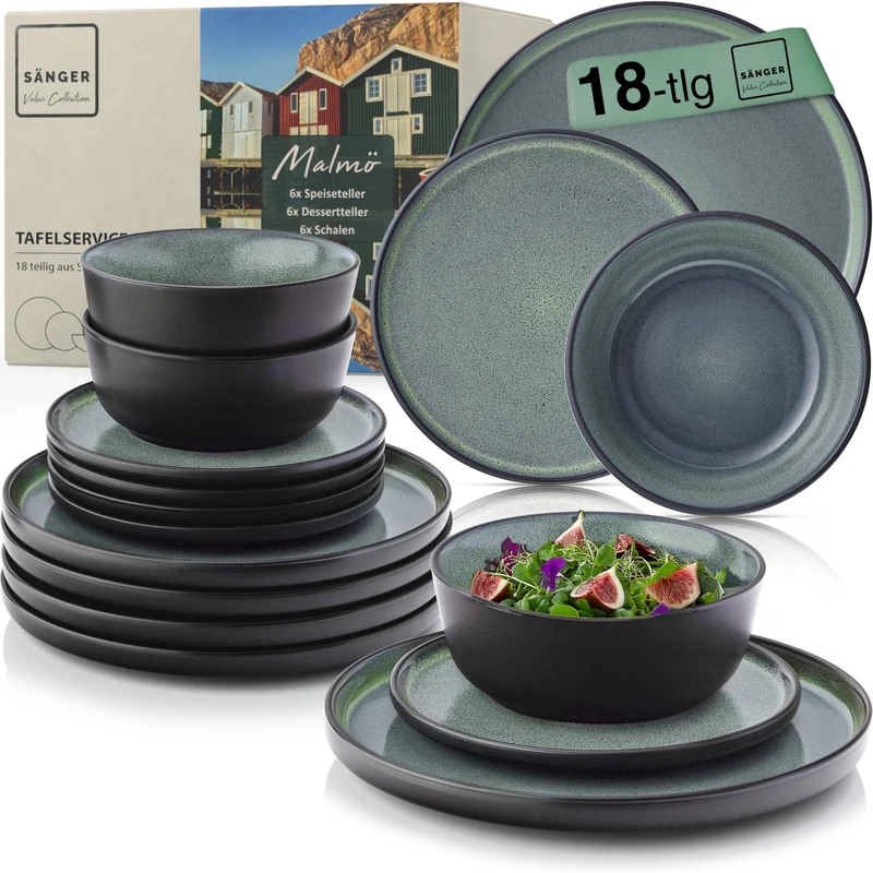 SÄNGER Malmö| Stoneware Crockery Set 18 Pieces, Plate Set for 6 People, 6 x Dinner Plates, 6 x Cereal Bowls, 6 x Dessert Plates, Dinner Service, Dark Green, Scratch-Resistant, Dinnerware, Value