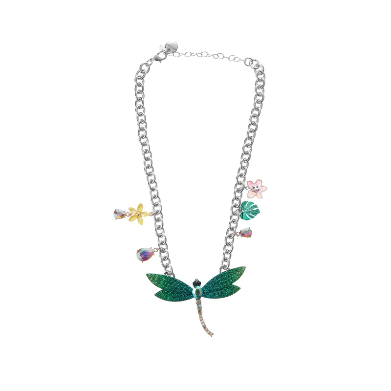 Betsey Johnson Garden Glam Dragonfly Necklace for Women, Vibrant & Stylish Jewellery, Plated Silver, Colourful Plastic & Glass Crystal