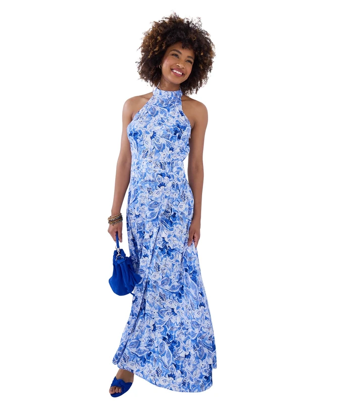 Joe Browns Women's Petite Fashion Floral Printed Woven Halterneck Dress, Regular Fit, Blue, UK 18 Petite