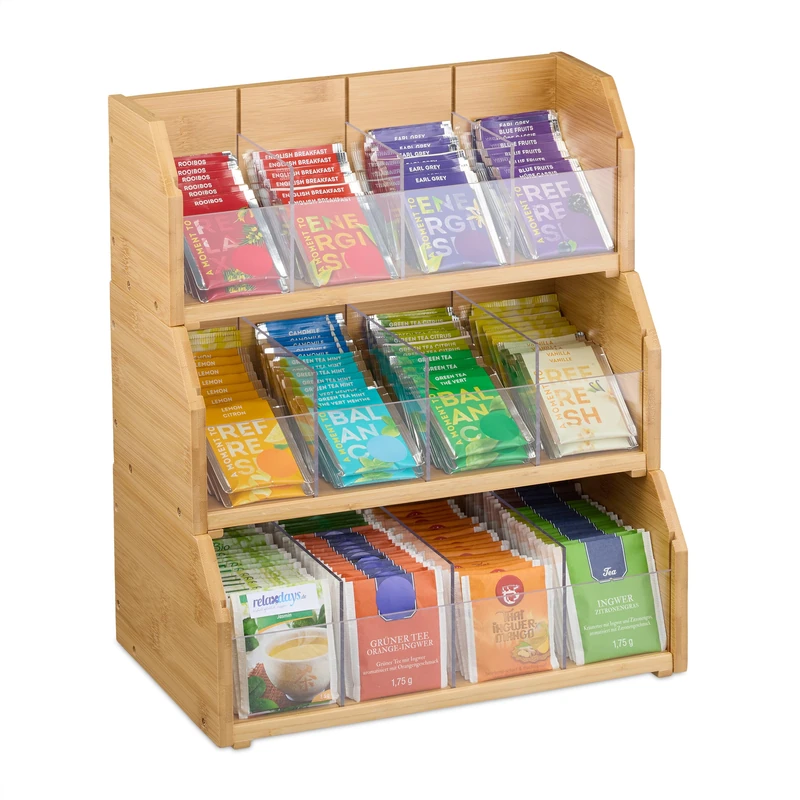 Relaxdays Bamboo Tea Organiser, 12 Compartments, HWD: 36 x 31 x 19 cm, Storage Box for Teabags & Coffee Pods, Natural, Plastic