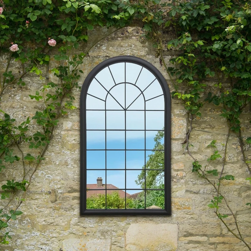 Large New Black Rustic Multi Panelled Arched Window Garden Outdoor Mirror 4ft3 x 2ft6
