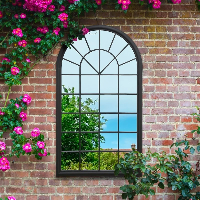 Large New Rustic Black Multi Panelled Arched Window Garden Outdoor Mirror5ft3 x 3ft / 160cm x 91cm